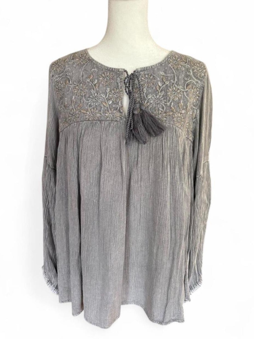 Light Gray Embroidered Peasant Top